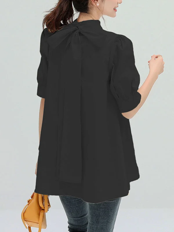 Casual Loose Bow-Embellished Solid Color Blouse