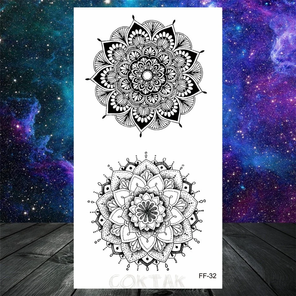 Owl Moth Jewelry Temporary Tattoo For Women Men Mandala Henna Flower Tattoo Mehndi Fake Pendants Geometric Tatoo Chest Back Lace