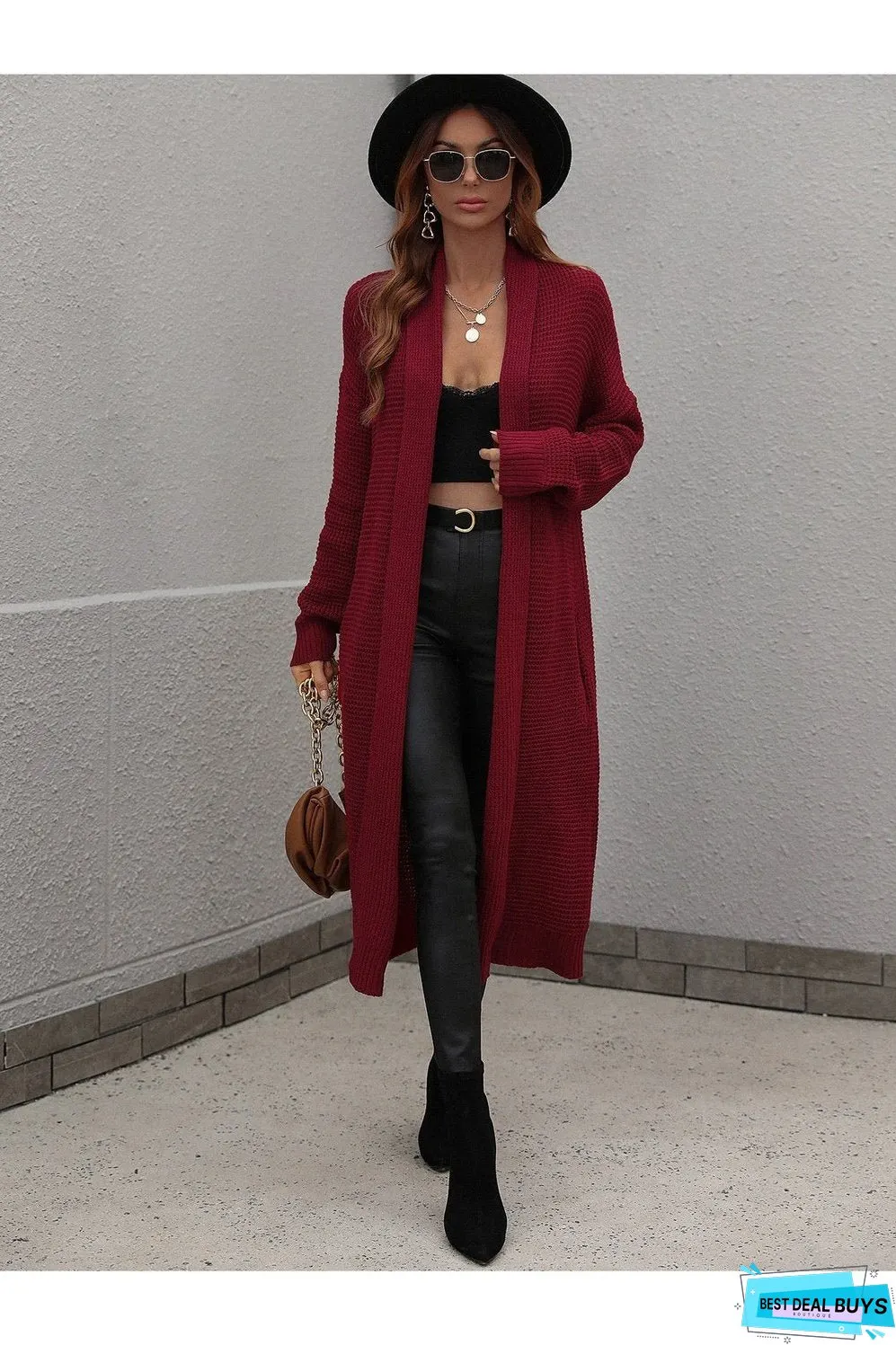 Waffle Knit Open Front Duster Cardigan With Pockets