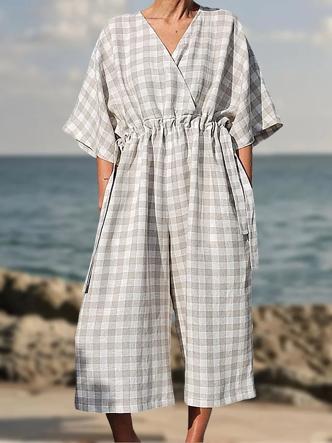 Women's Casual V-Neck Mid-Sleeve Plaid Printed Jumpsuit