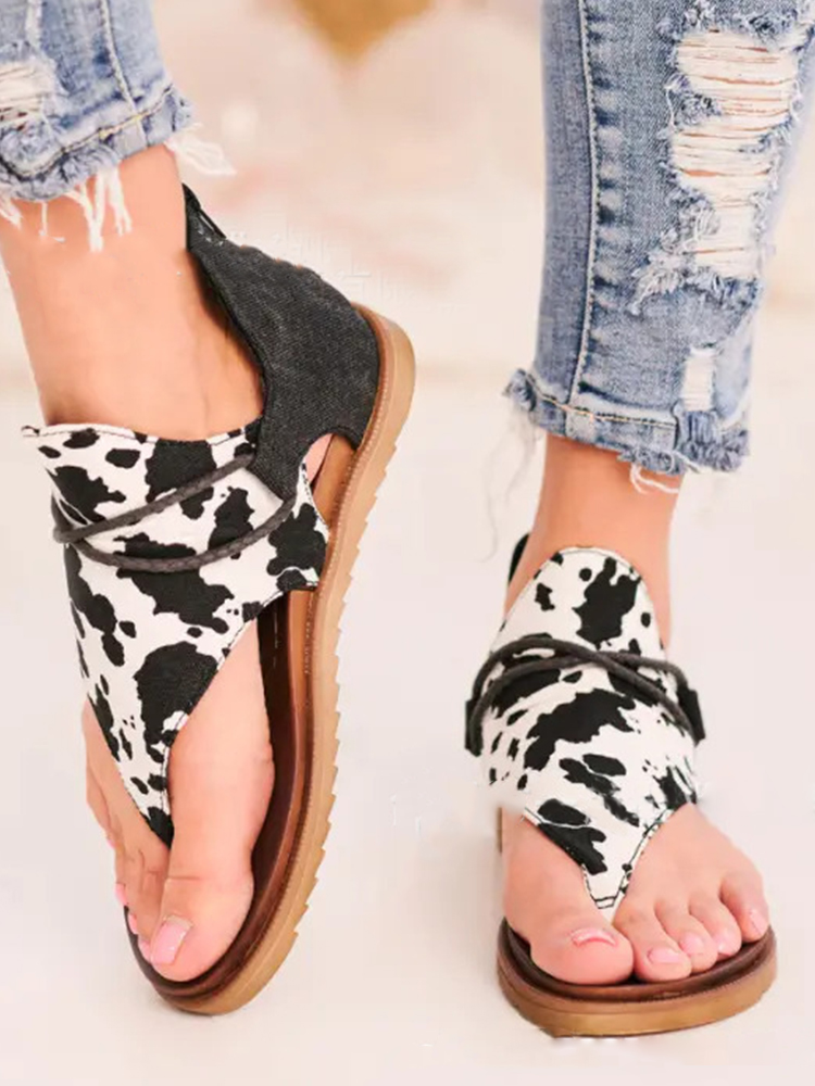 Cow Print Flat Casual Back Zip Sandals wearshes