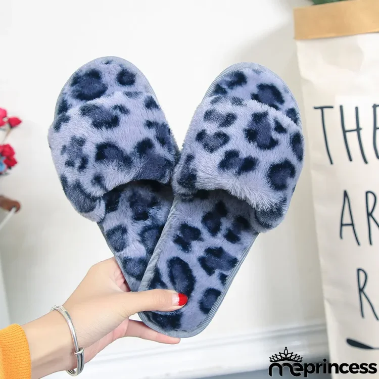 Winter Leopard Print Parent-Child Fur Slippers Women's Flat Bottom Non-Slip Indoor Shoes Flip-Flops Slippers