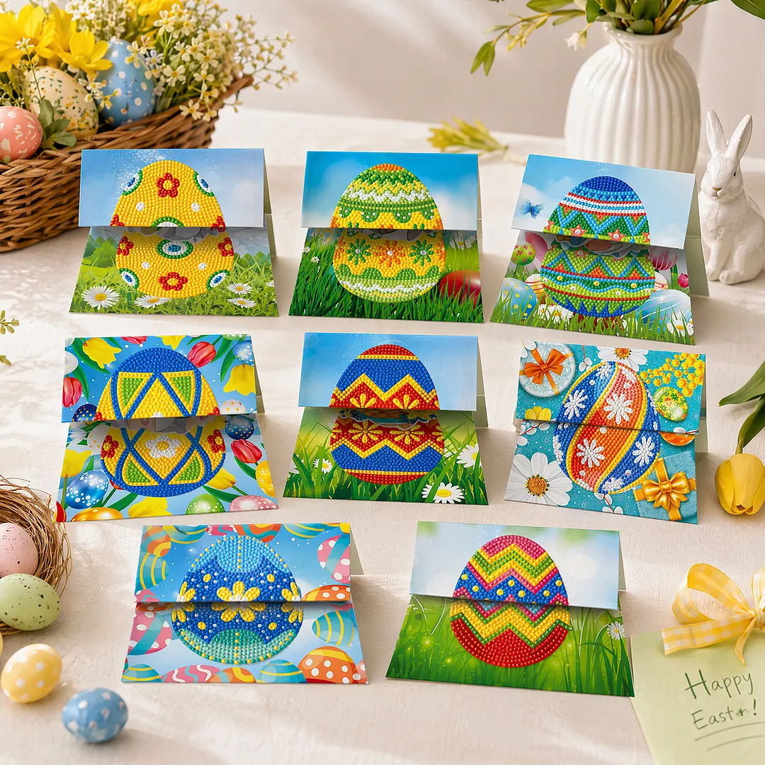 8PCS Easter Egg DIY Diamond Painting Greeting Card Kits with Envelopes Diamond Art Greeting Cards Diamond Art Cards Kits for Adults DIY Crafts Family Friend Gifts