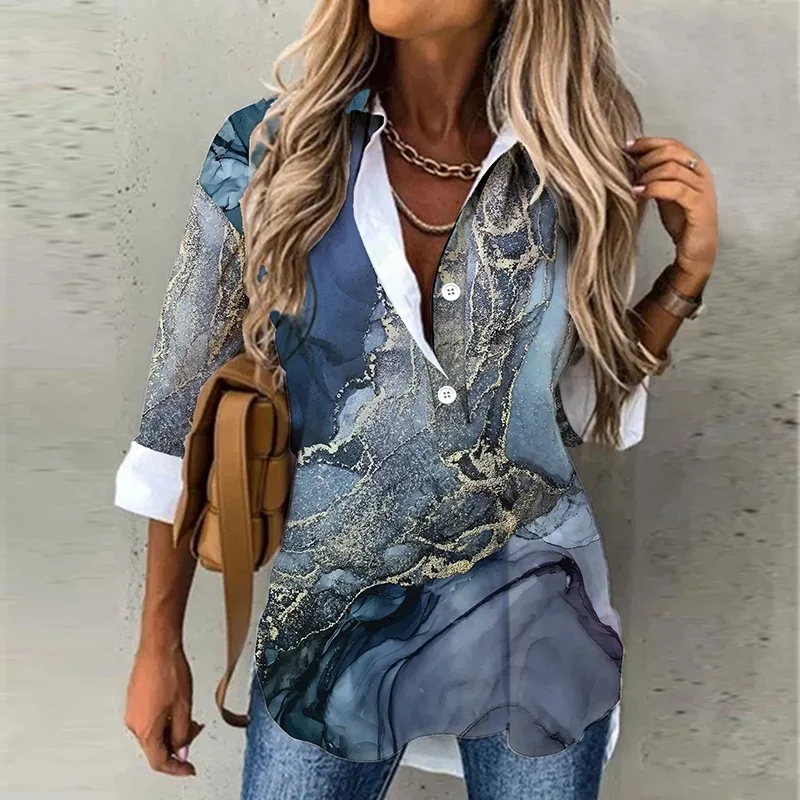 Fashion Blue Tie-dye Marble Print Women's Button Blouse