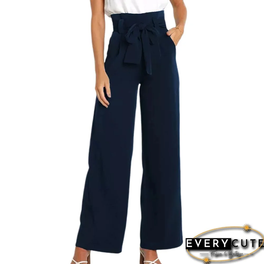 Navy Blue Bowknot High Waist Wide Leg Pants