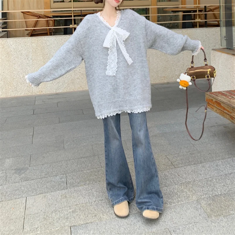 Churchf Churchf Type Advanced Feeling Catch Spell Lace Bow False Two Knit Sweater Female Autumn Dong New Style Languid Lazy Wind Bottom Sweater