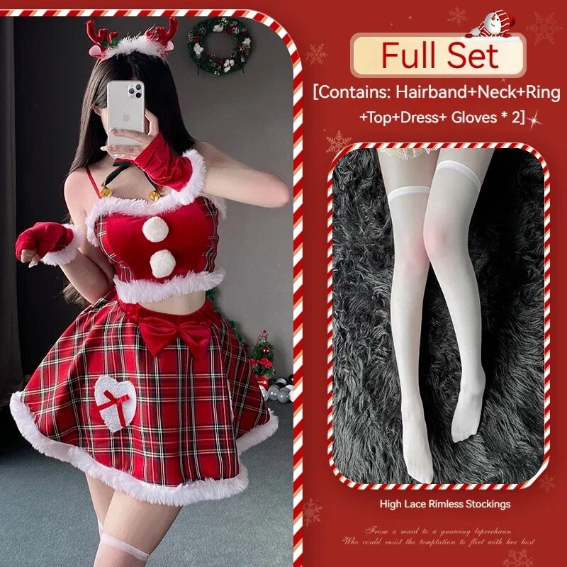 [Wetrose] In Stock Christmas  Reindeer Girl Santa Cosplay Costume Plaid Skirt Sexy Lingrie