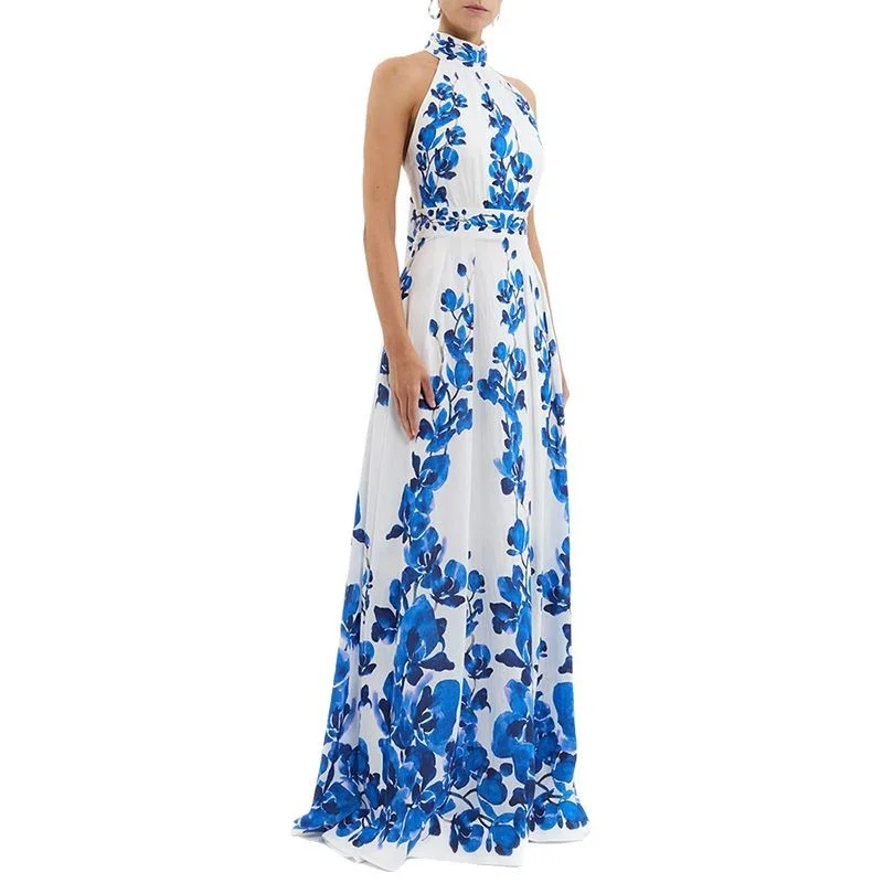 Nigikala Nigikala Spring And Summer New Star Fashion Printing Leisure Holiday Dress Hanging Neck Long Dress