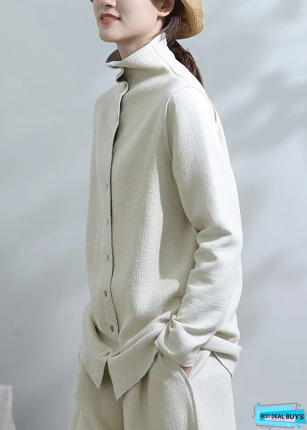 Unique White Stand Collar Button Patchwork Cotton Coats Fall