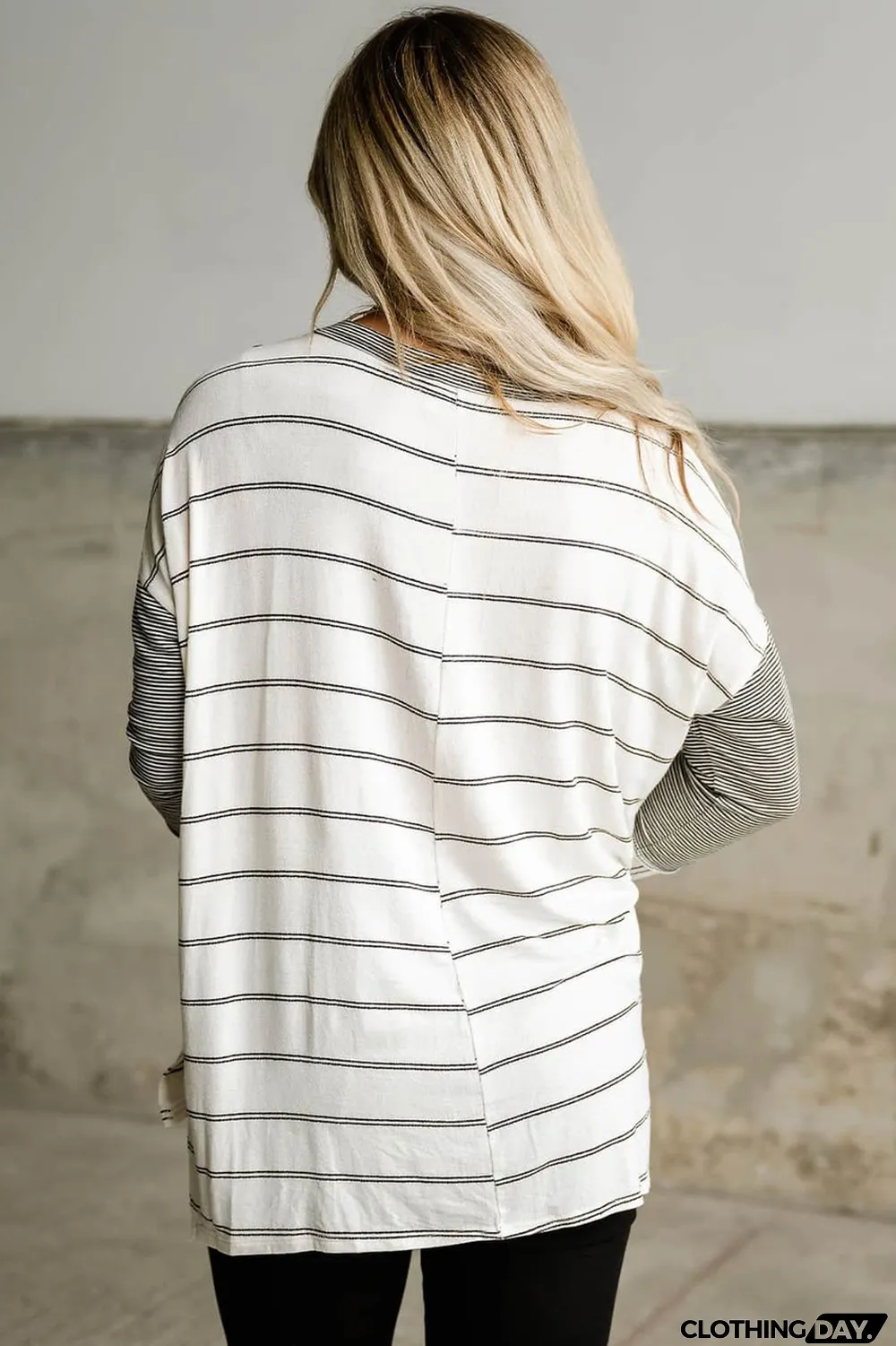 Stripe Patchwork High Low Side Slits Long Sleeve Top