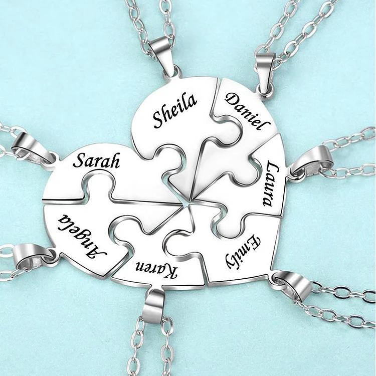 Personalized 7 Names Heart Puzzle Piece Necklace, Custom Necklaces with Name Necklaces Gift for Friends and Family