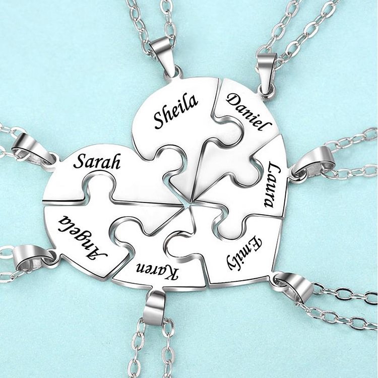 Personalized 7 Names Heart Puzzle Piece Necklace, Custom Necklaces with Name Necklaces Gift for Friends and Family