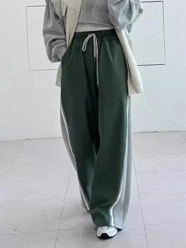 Sports Green Drawstring Elasticity High Waisted Pockets Patchwork Contrast Color Pants