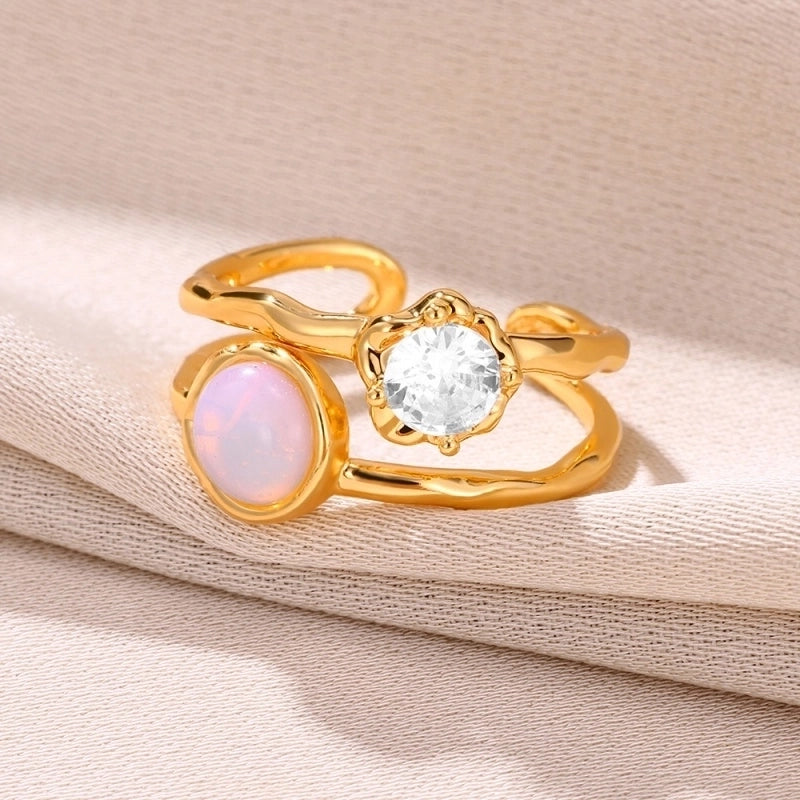 Copper 18K Gold Plated Elegant Lady Minimalist Inlay Geometric Ball Zircon Open Rings