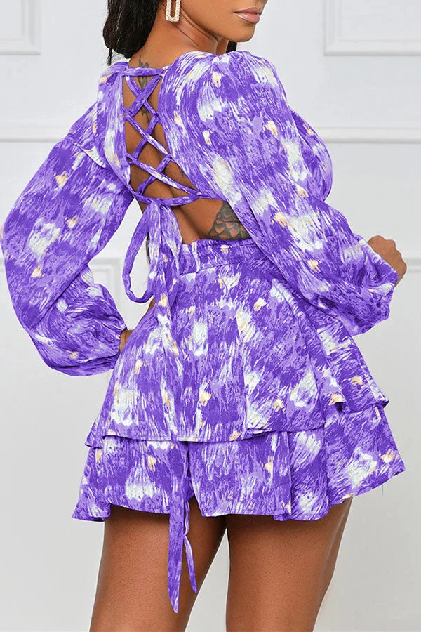 Tie Dye Sweet Deep V Neck Backless Mini Dress