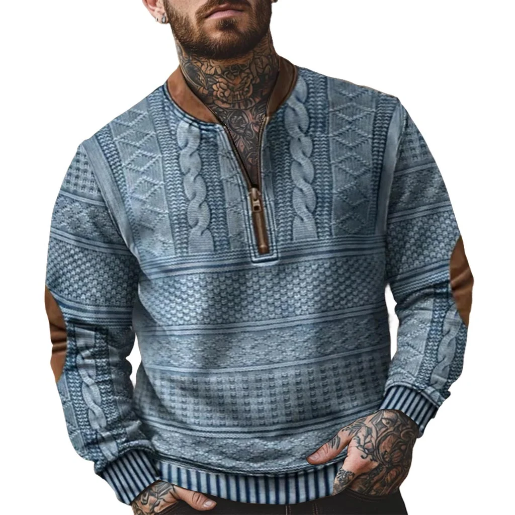 Men's Vintage 3D Print Knit Color Block Henley Zipper Long Sleeve Sweatshirt