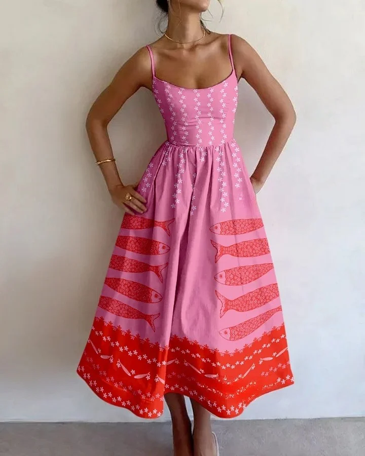 Pink fish print suspender dress