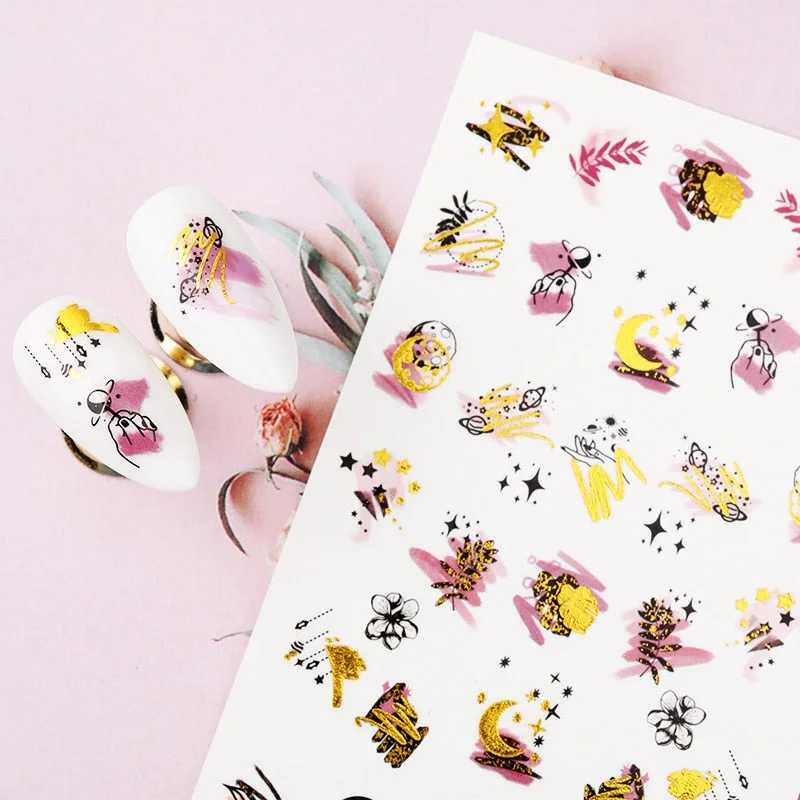 Summer Design 3D Stickers For Nails iridescent Black Gold Flower Leaf Series Decorations Sliders Nail Art Sticker Decals