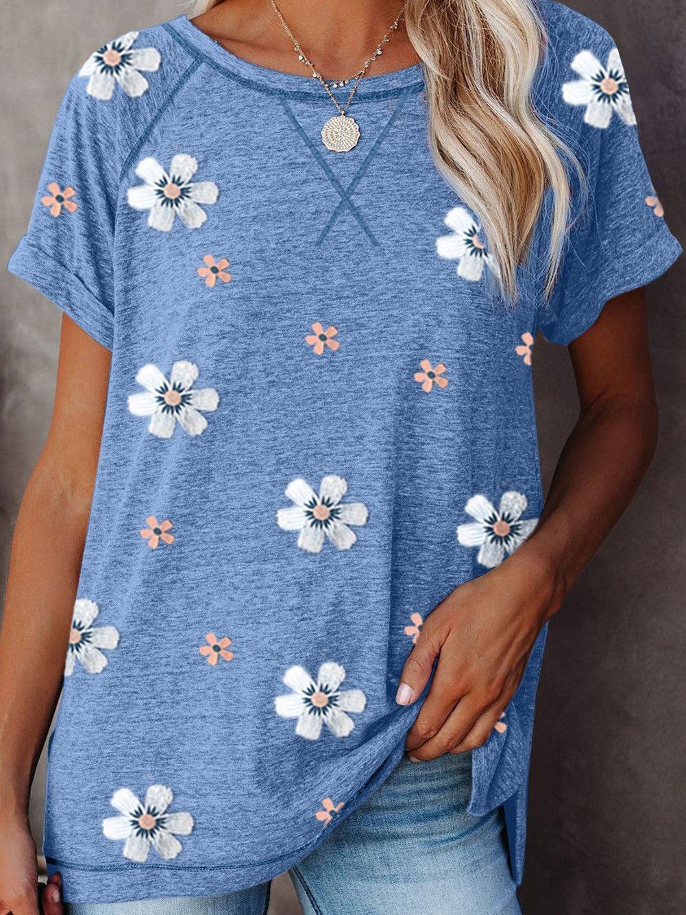 Flower Print Round Neck Short Sleeve T-Shirt