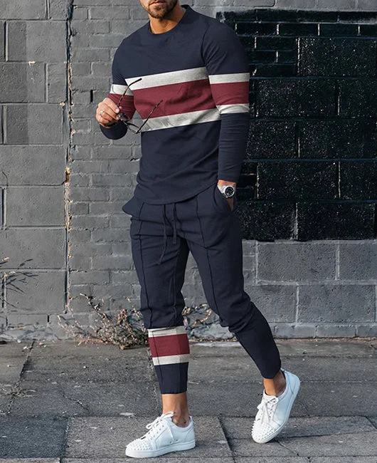 Block Striped Casual Long Sleeve Shirt & Pants Set