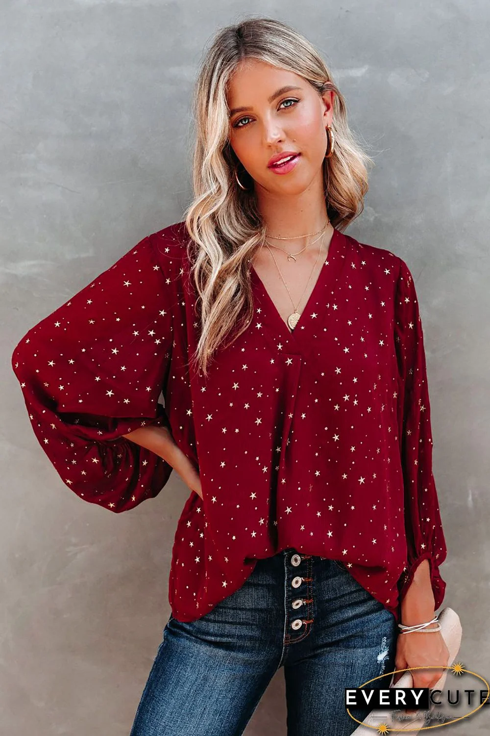 Red V Neck Star Print Billowy Sleeves Blouse