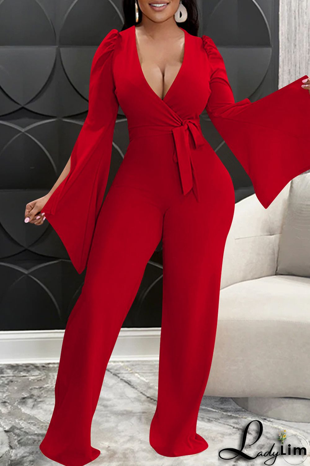 Blue Fashion Casual Solid Bandage Slit V Neck Regular Jumpsuits