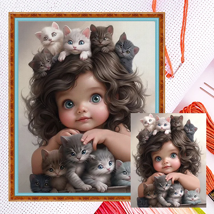 Little Girl And Many Cats 11CT (40*50CM) Counted Cross Stitch gbfke