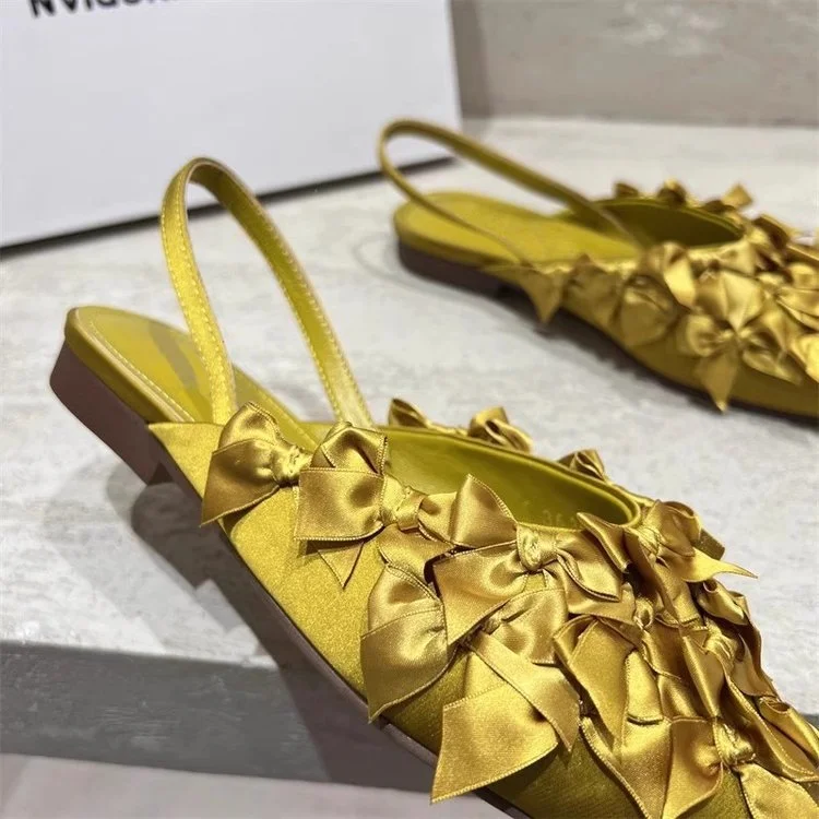 Yyvonne New Flat-Bottomed Sandals Women's French Temperament Bows Cool Slippers Low Heel Pointy Cloth Single Shoes