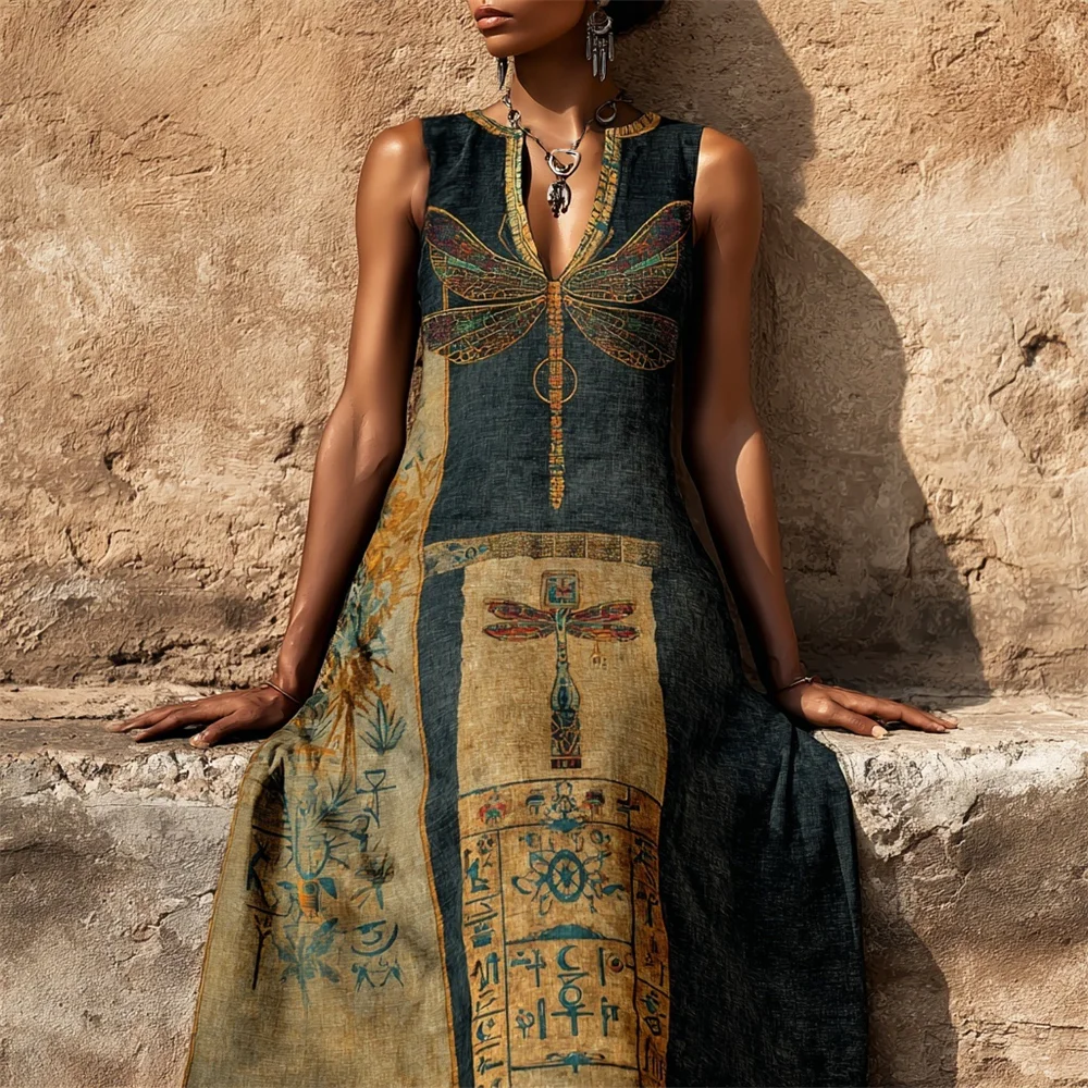 Vintage Dragonfly Elements Women's Linen V-neck Vest Maxi Dress
