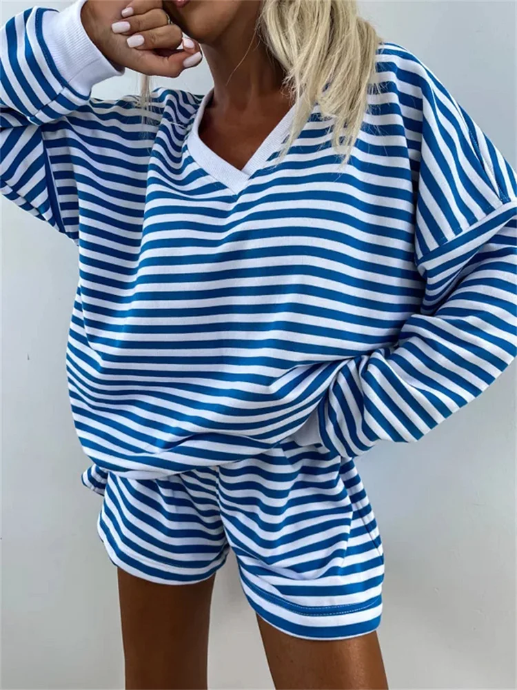PASUXI Women's Striped Casual Two-Piece Suit Long Sleeve V-Neck Trendy Casual Sportswear huanwei