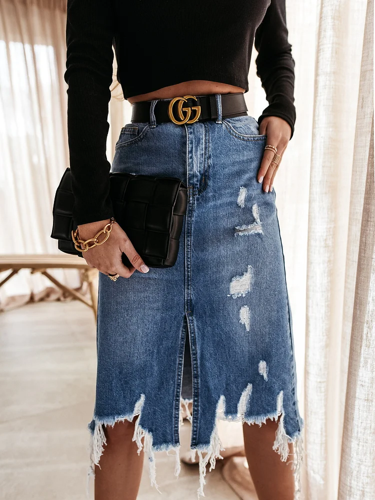 Women's Denim Skirt Washed Irregular Ripped Raw Hem Skirt