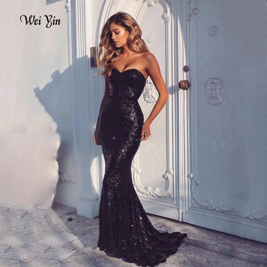 Graduation Prom Llyge  Black Sequined Party Gown Spaghetti Straps Evening Gown  Mermaid  Prom Dresses Long Robe De Soiree llyge