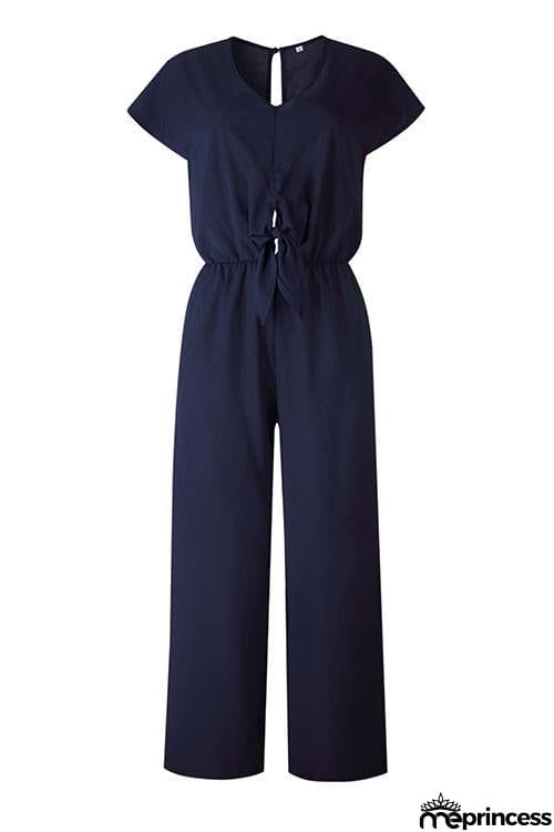 V Neck Knot Short Sleeve Jumpsuit