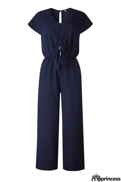 V Neck Knot Short Sleeve Jumpsuit