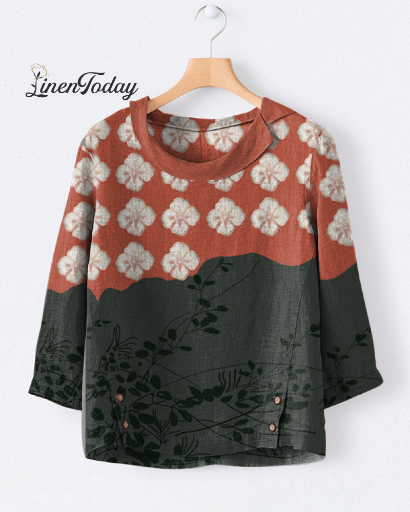 Japanese Floral Art Print Casual Lapel Top S