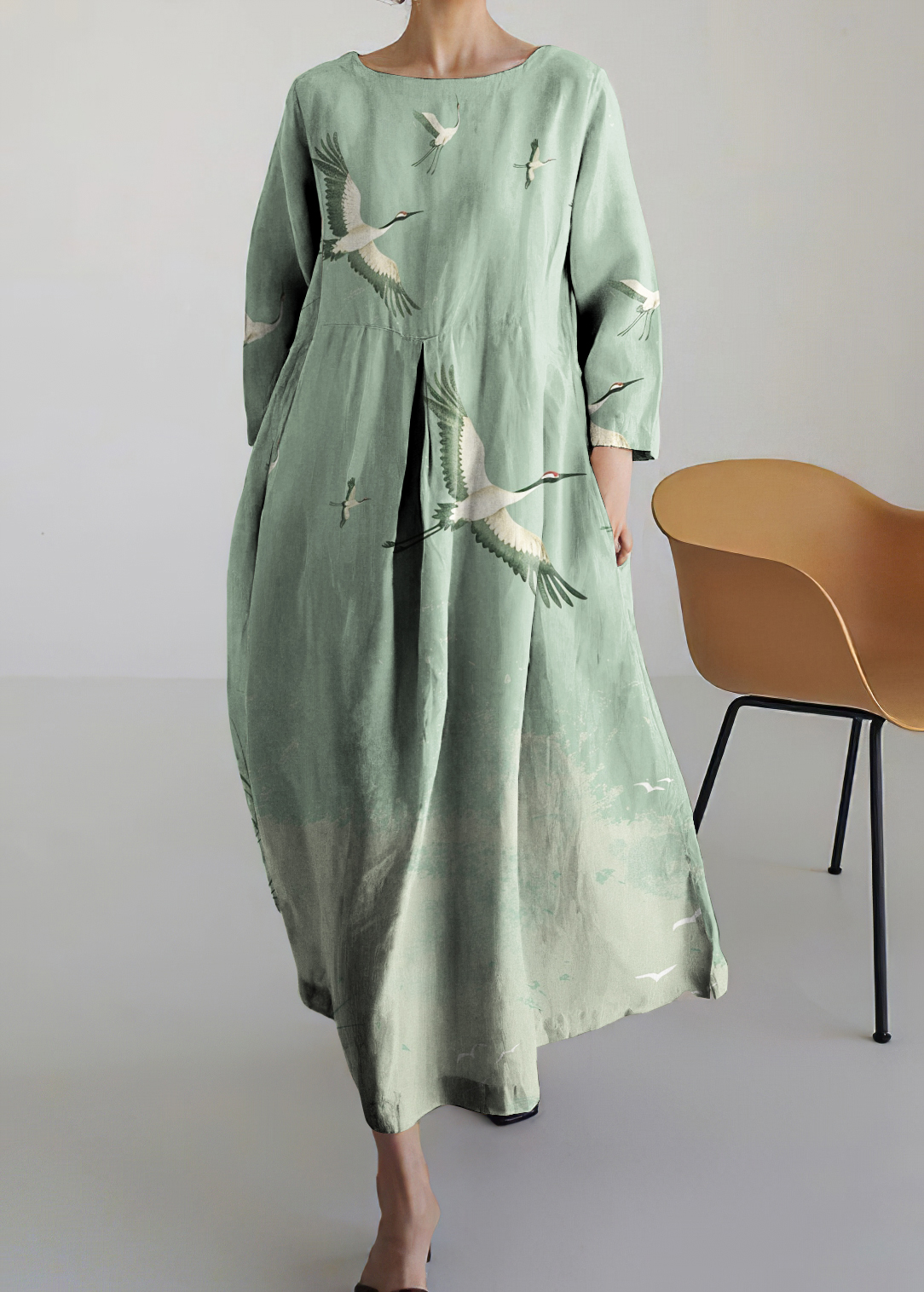 Comstylish Casual Crane Print Long Sleeve Cozy Linen Blend Midi Dress