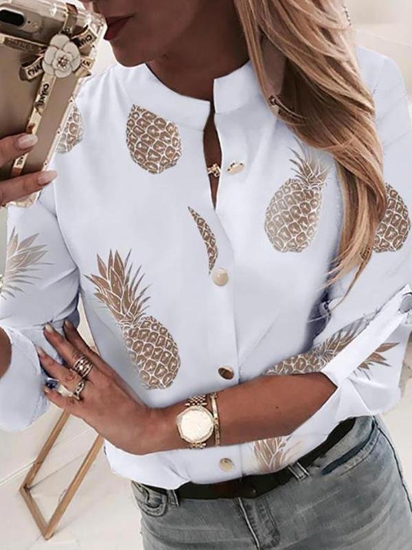 Casual Pineapple Printed Roll Sleeves Blouse