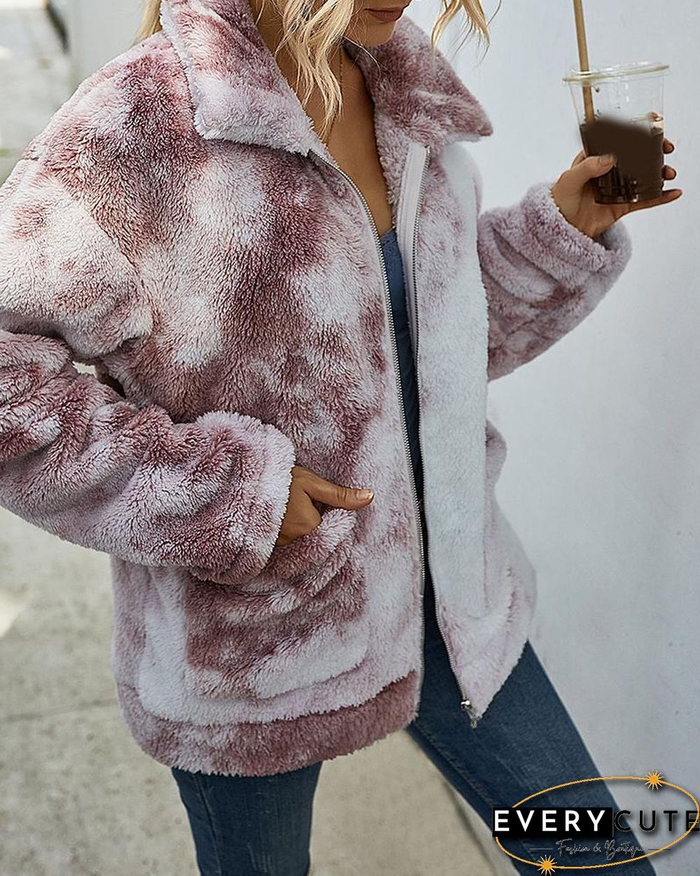 Tie Dye Print Fluffy Pockets Teddy Coat