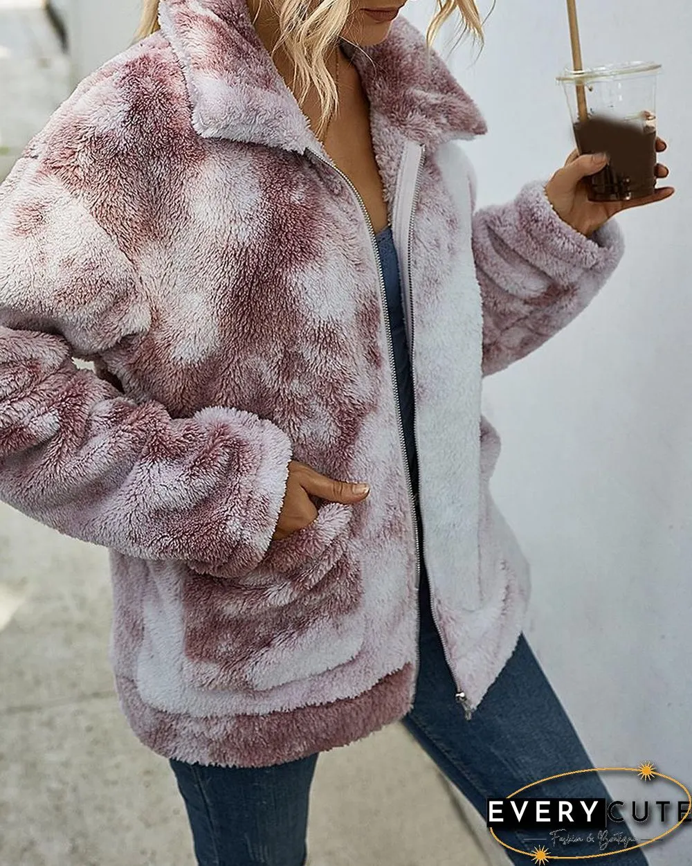 Tie Dye Print Fluffy Pockets Teddy Coat