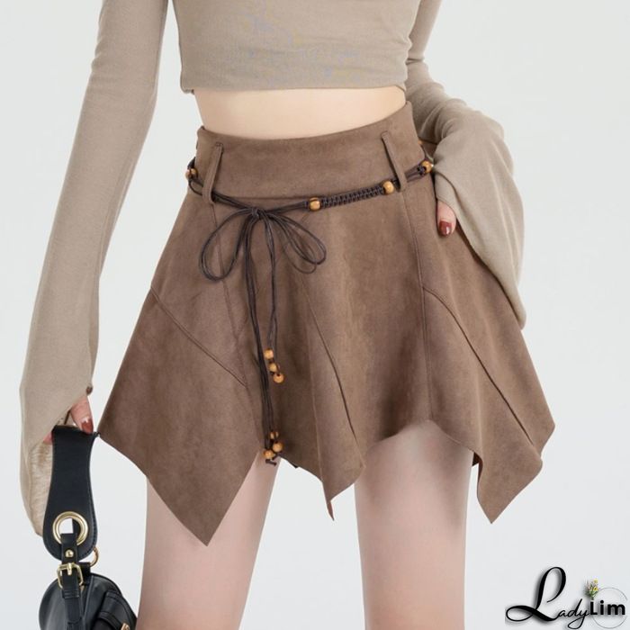 Vintage Plain High Waist Diagonal Hem Tassel Midi Skirt