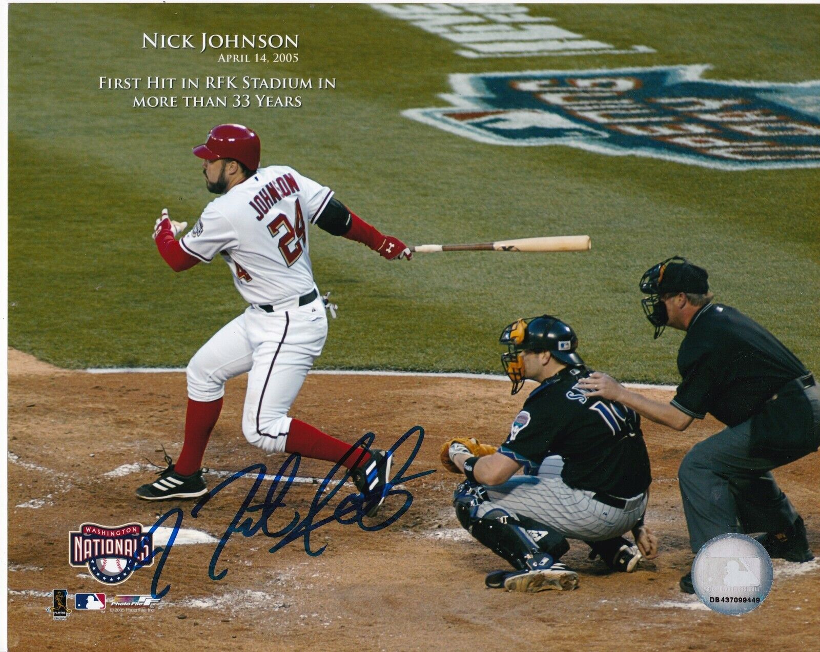 NICK JOHNSON WASHINGTON NATIONALS FIRST HIT IN RFK ACTION SIGNED 8x10