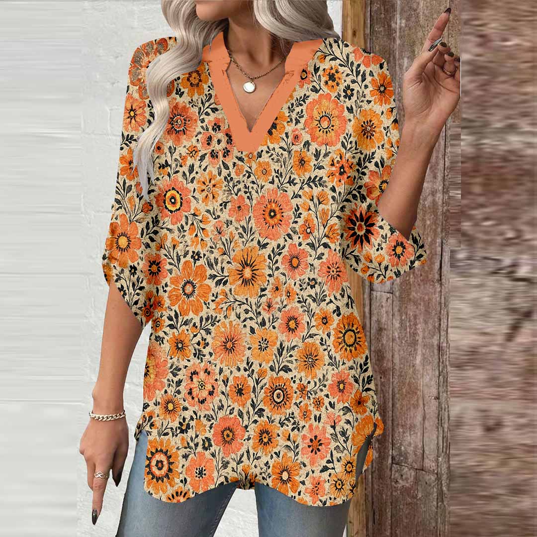 Women Floral,Orange DZGA0323 3/4 Sleeve V-neck Printed Graphic Button Tops