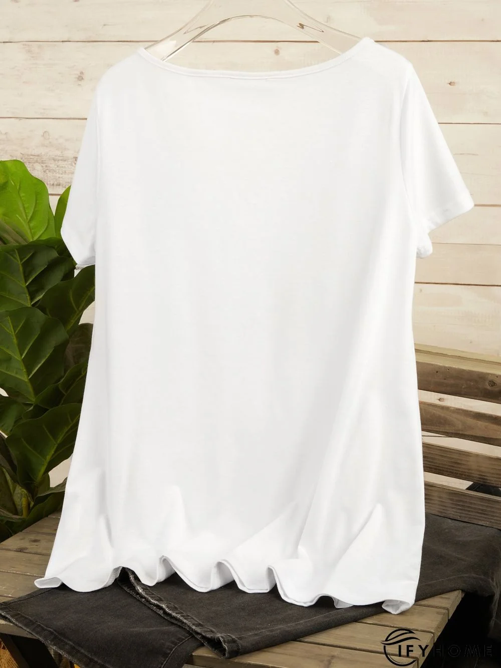 Women's White V neck Plain Cotton Blend Short Sleeve Casual Tunic T-Shirt | IFYHOME
