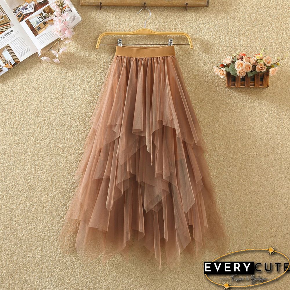 Women Irregular Tulle Skirts Fashion Elastic High Waist Mesh Tutu Skirt Pleated Long Skirts Midi Skirt Saias Faldas Jupe Femmle