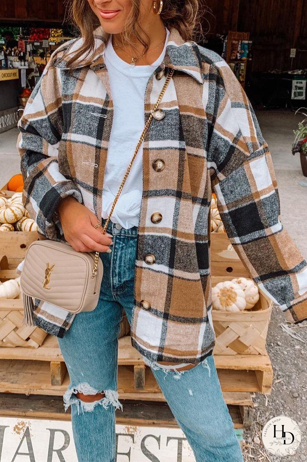 Long Sleeve Plaid Woolen Coat