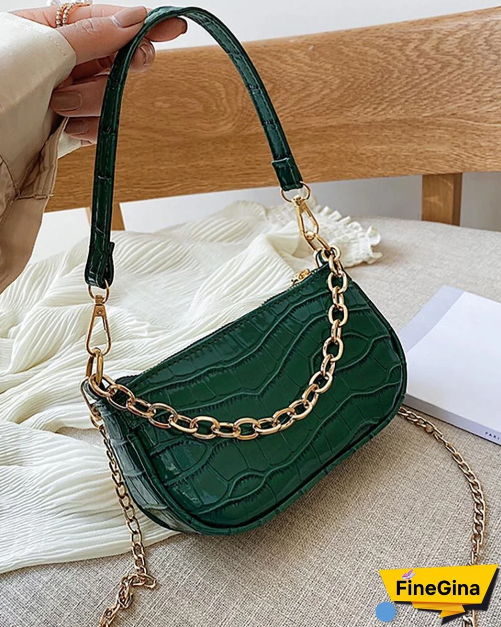 Chain Strap Croc Embossed Baguette Bag
