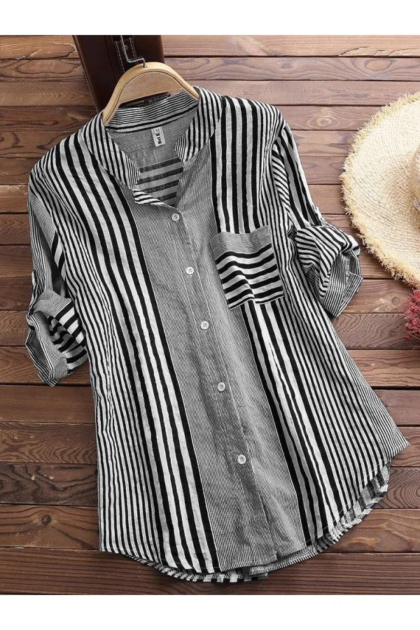 Casual Tops 3/4 Sleeve Stripe Printed Collared Shirts