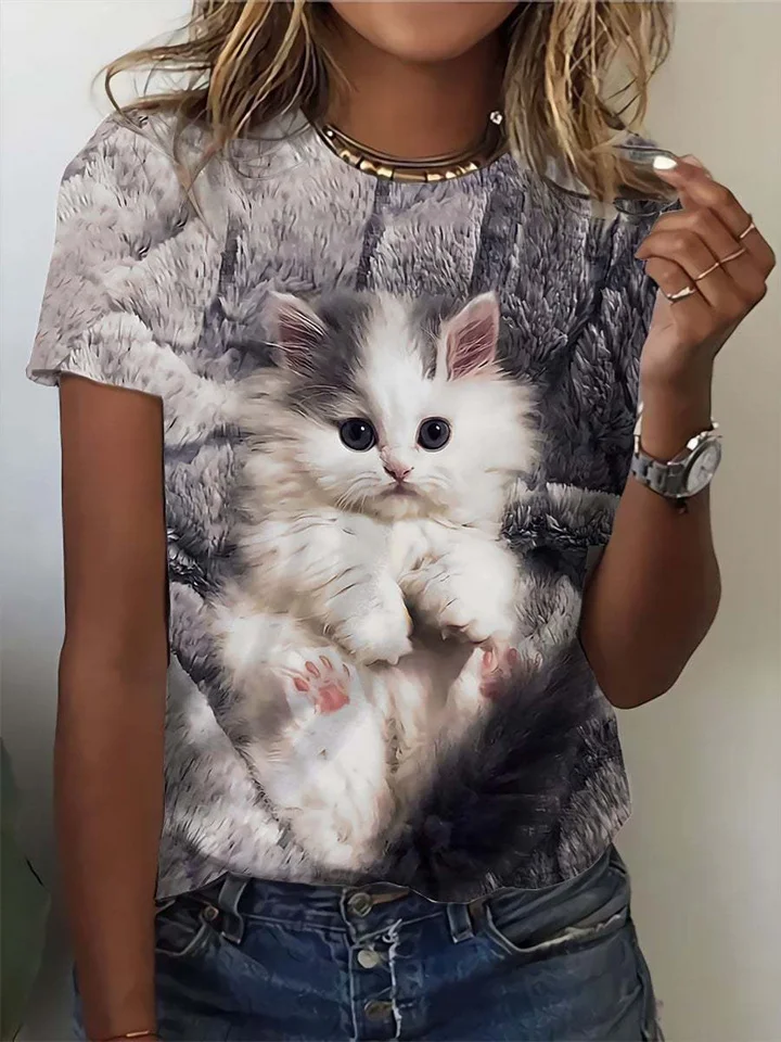 Faux Cotton Female Short-sleeved T-shirt Cute Cats 3D Printing Women's Clothing