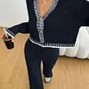 Women's Casual Loose Deep V Collar Top and Elastic Waist Pants Two-Piece Set