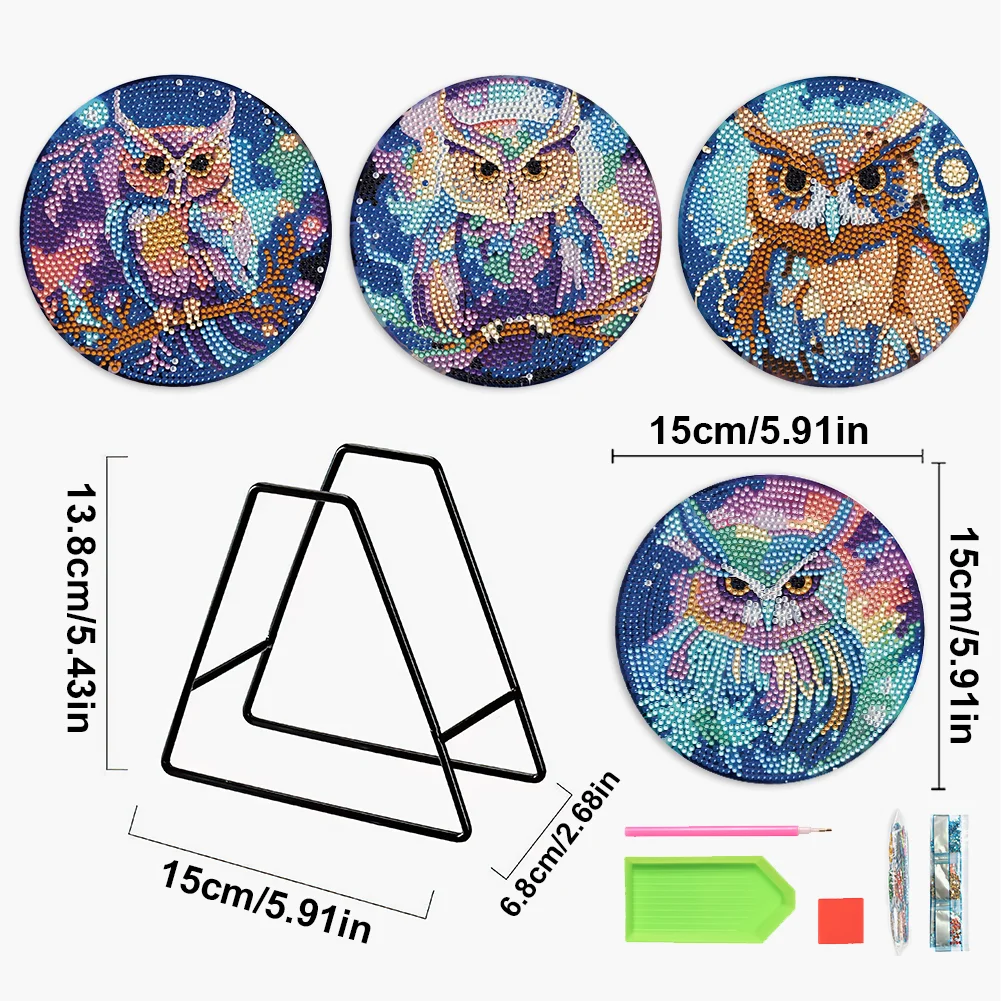 4pcs DIY Owl Wooden Diamond Painted Placemats for Dining Table Decor(15*15cm)